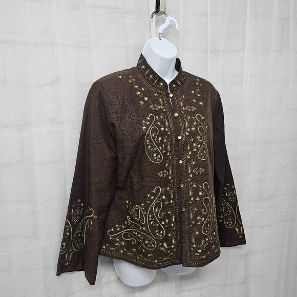 Silkland Brown Green Paisley Embroidered Boho Silk Retro Hippie Jacket M - Picture 6 of 12